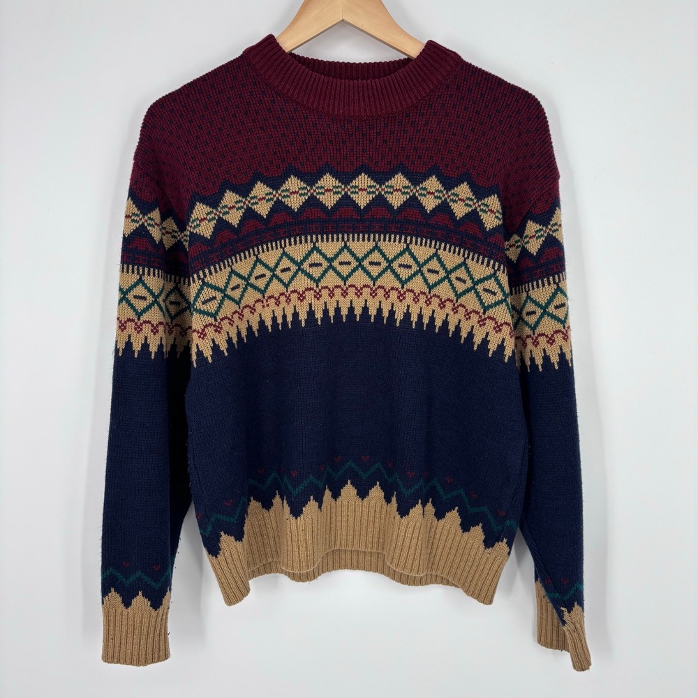 VTG 80s Fair Isle Geometric Knit Pullover Sweater Mens M Burgundy Navy Acrylic